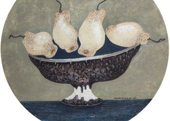 Autumn pear, diameter 60 cm, wooden board oil painting mixed materials, 2023