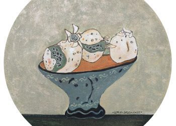 pomegranate, diameter 60 cm, wooden board oil painting mixed materials, 2023