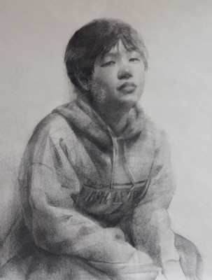 Eunice Sim, Young Girl in Hoodie, Charcoal, 24x18