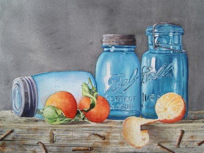 Danielle Beaulieu SCA, "Tangerines and Blue Jar, Watercolour, 21" x 17"