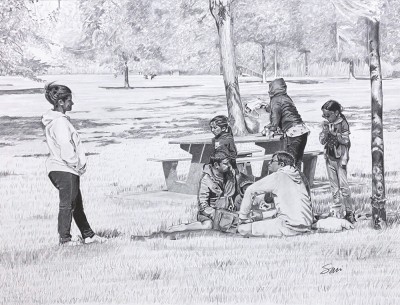 SCA 1st Award of Merit, Sonia Isabelle SCA, "On the Grass at the Park", Graphite 12 x 16"