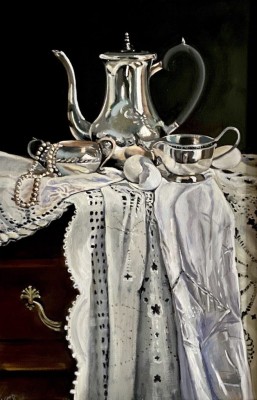 SCA 1st Award of Excellence, Wendy Carmichael-Bauld SCA, "Silver, Shells, Linen and Lace, Oil, 24" x 16"